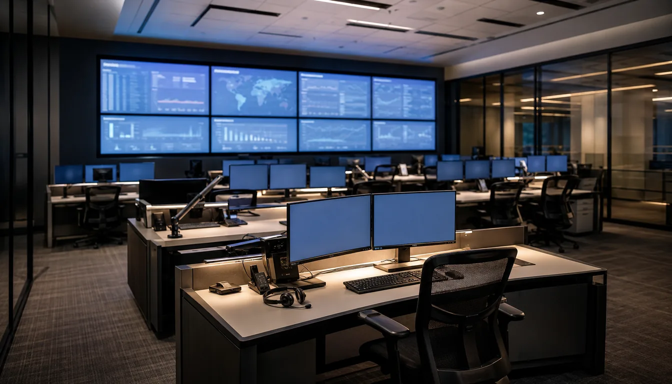 A fully lit but completely unstaffed security operations centre, dashboards still running on a large video wall above rows of empty operator desks, illustrating an automated AI triage pipeline that has stopped analysing a file with no human picking it up