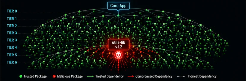 Dependency tree visualization showing a single corrupted package cascading through nested libraries