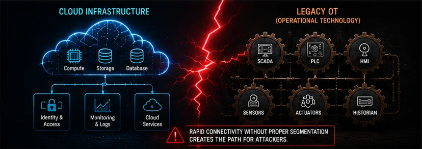 Legacy OT systems bridged to cloud infrastructure creating an expanded attack surface