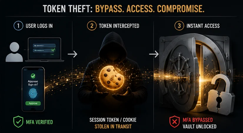 Adversary-in-the-Middle phishing framework hijacking a session token past MFA
